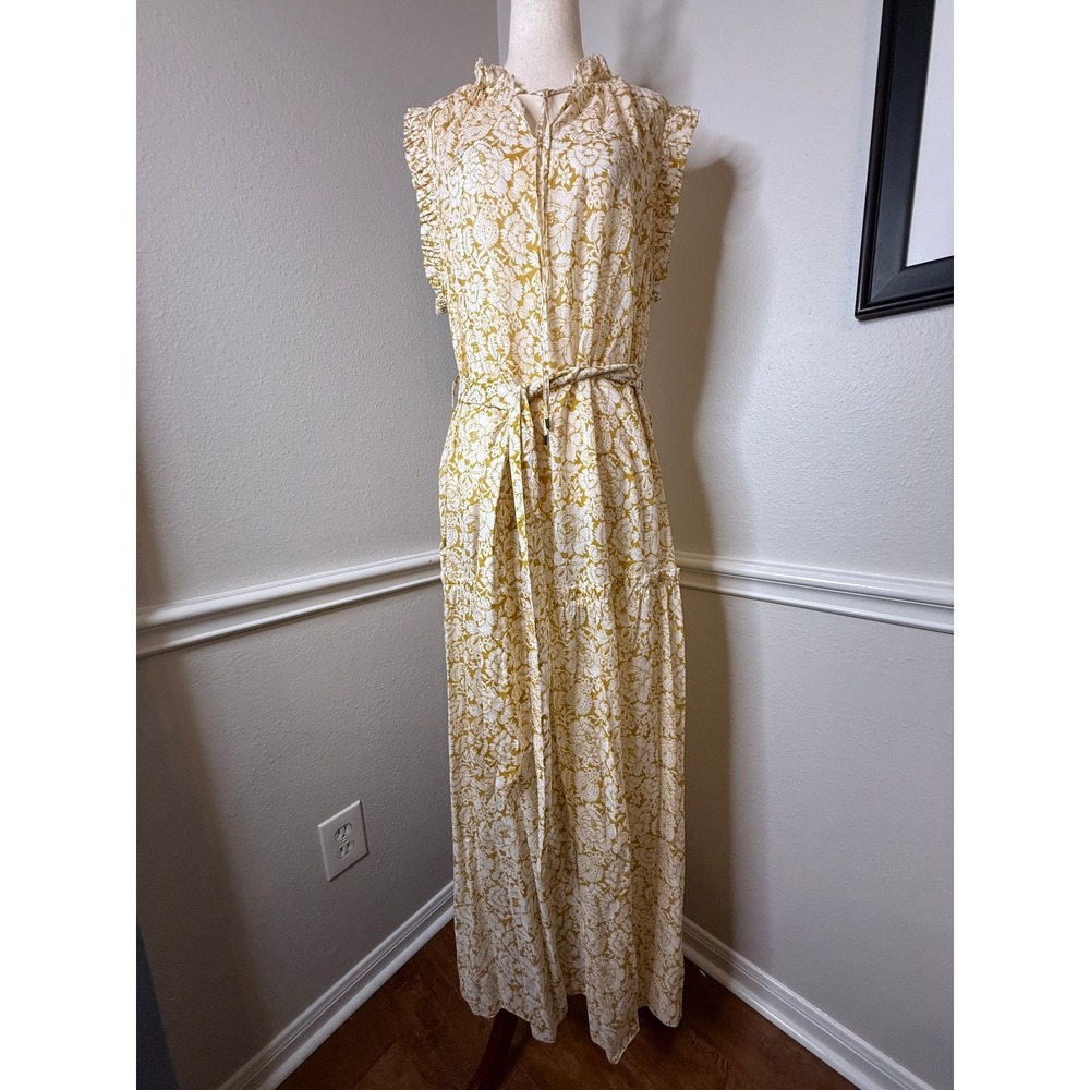 Christy Lynn Yellow Floral Ruffle Maxi Dress Sleeveless Tiered Belted Large